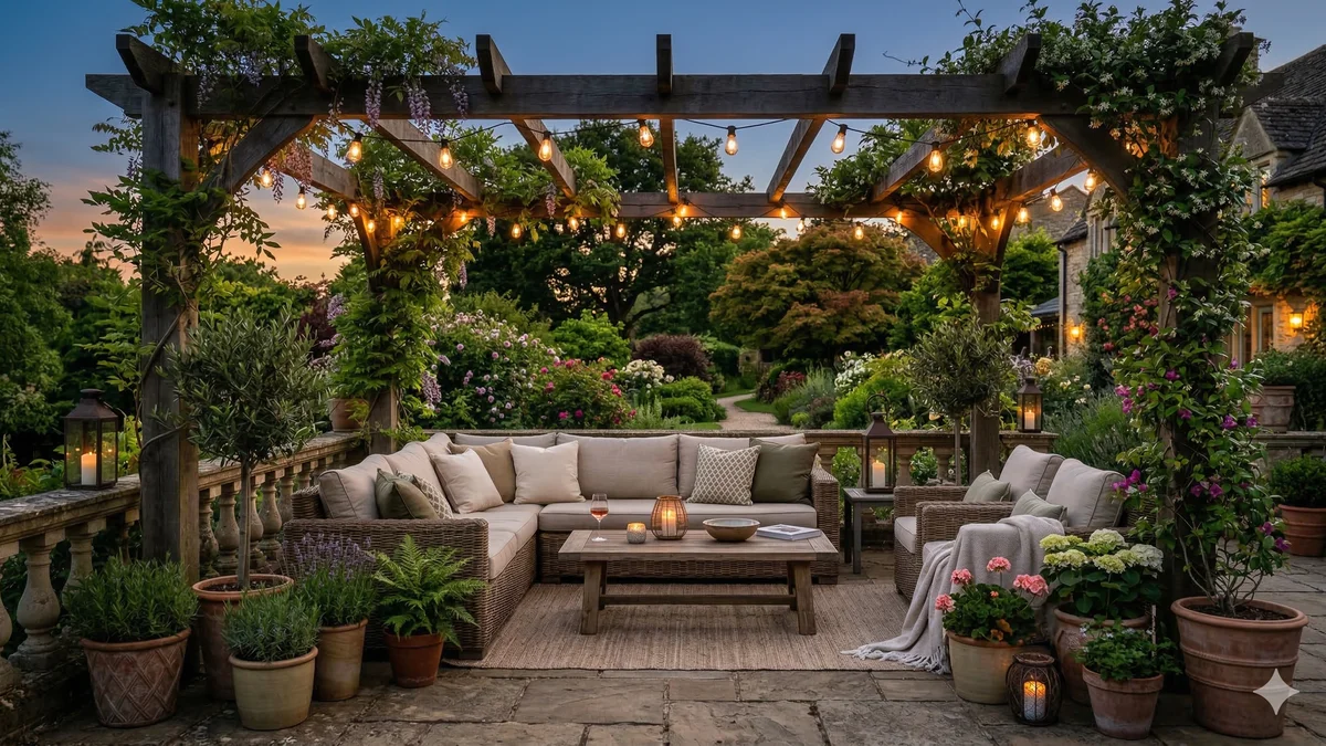 Belle terrasse aménagée avec salon de jardin, pergola bois et plantes en pot
