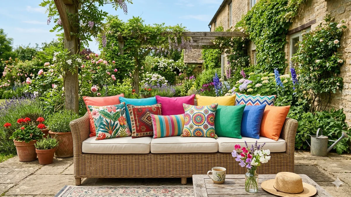 Coussins colorés de jardin en tissu outdoor imperméable sur un canapé de résine tressée