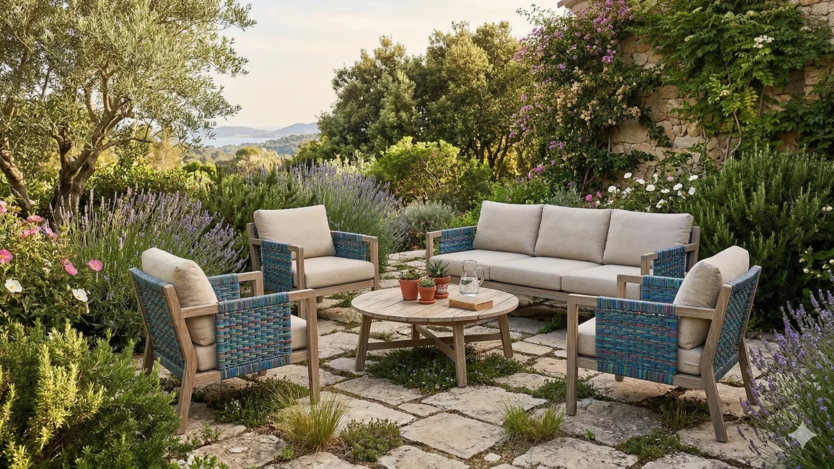 Salon de jardin en bois d'eucalyptus certifié FSC avec label environnemental visible