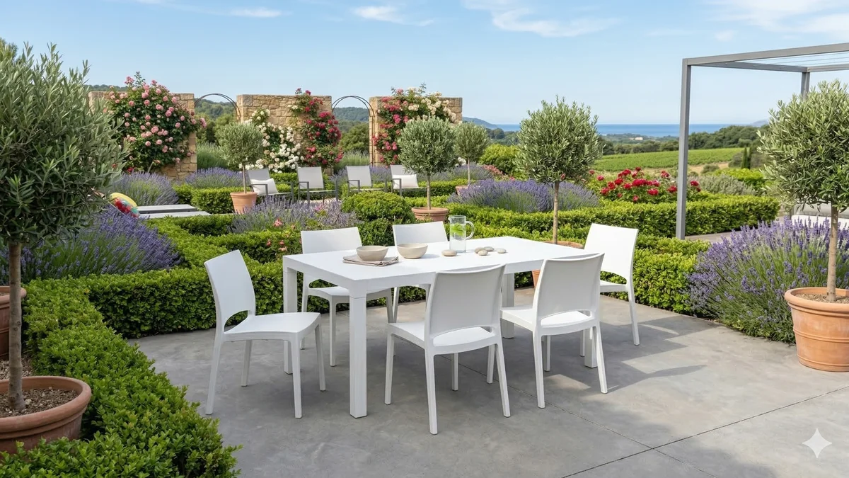 Salon de jardin en polypropylène blanc avec table et chaises design sur une terrasse contemporaine