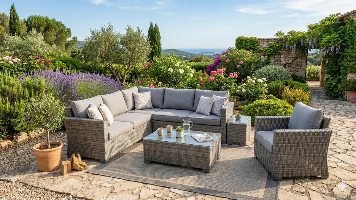 Salon de jardin en résine tressée grise avec table et fauteuils sur une terrasse