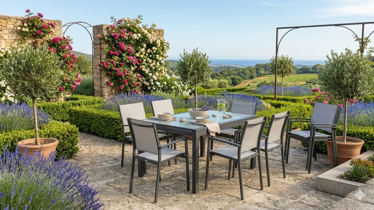 Table de jardin rectangulaire en aluminium avec chaises empilables sur une terrasse ensoleillée