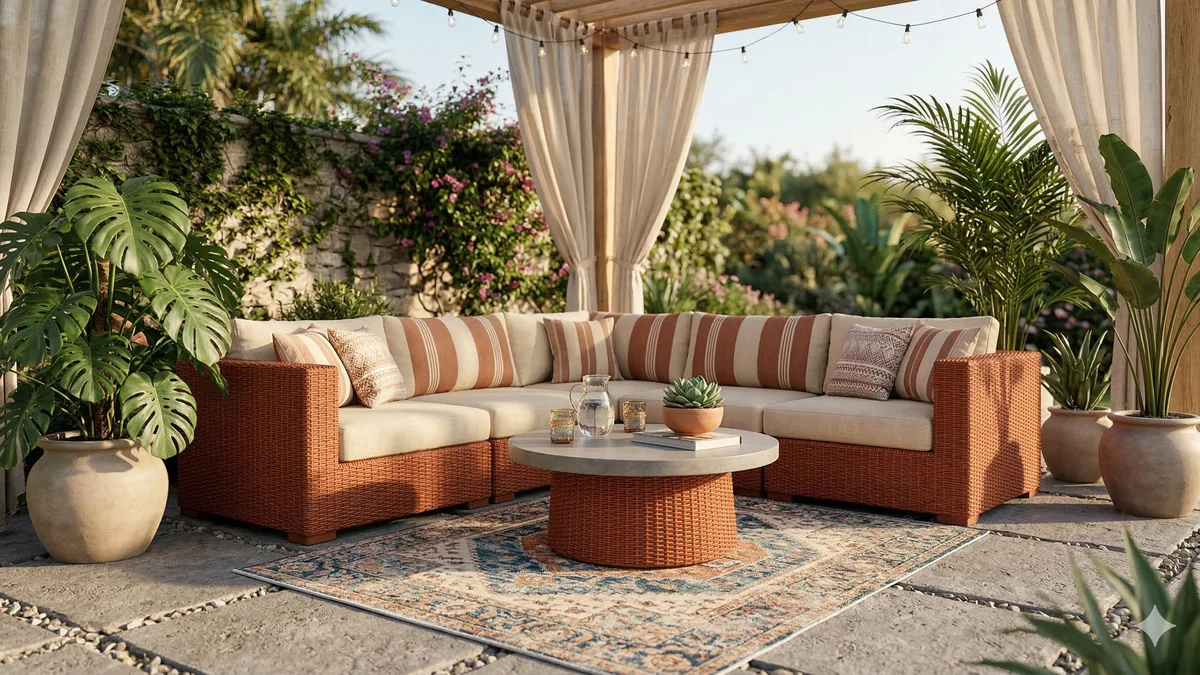 Salon de jardin tendance 2026 en résine tressée terracotta avec table basse et plantes tropicales